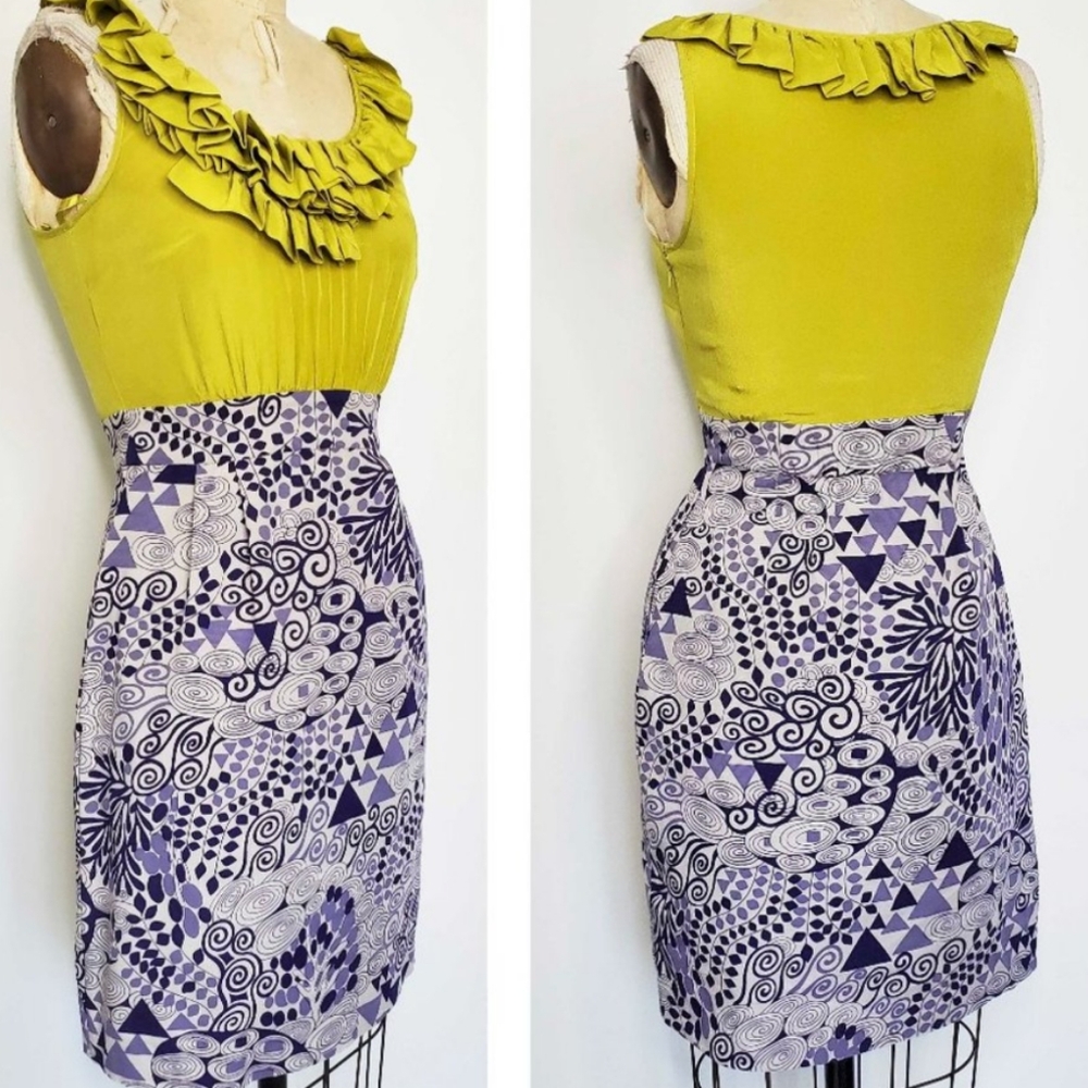 Maeve Yellow/Green And Blue, Grey Patterned Pencil Dress